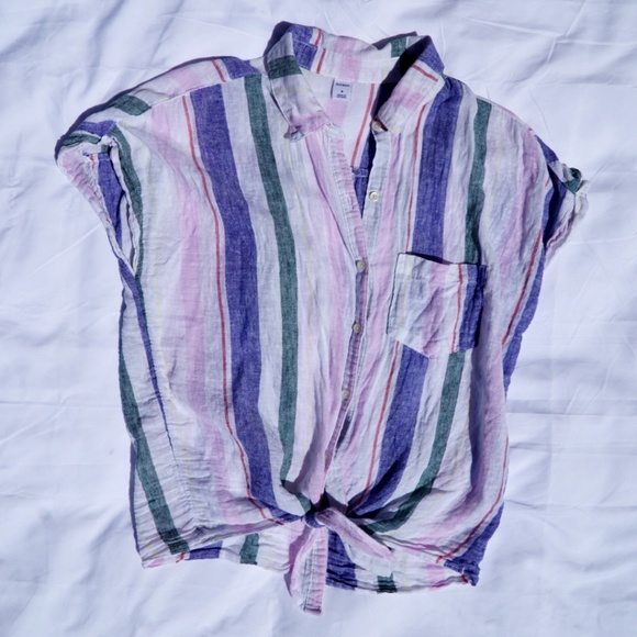 Multi Stripe Tie Hem Button Up Shirt - Picture 3 of 5